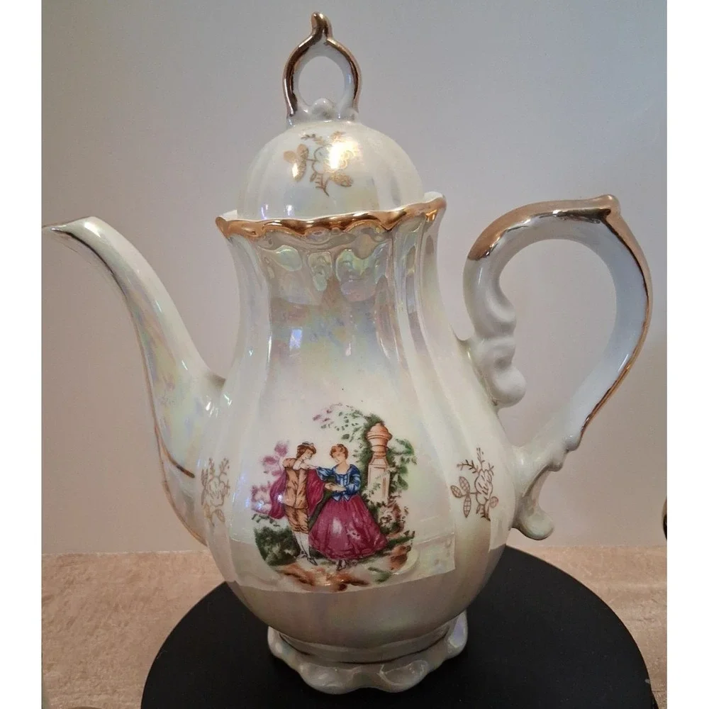 Vintage 1960s Made in Japan Courting Couple Demitasse Tea Set Gold Trim 13 Pc‎